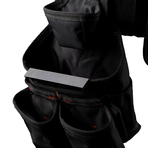 Close-up of Heavy Duty Built To Last 1680 Denier Poly Carpenter Tool Belt pockets with gel padded suspenders, showing vinyl pouches.