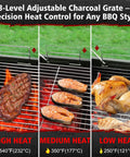 Barrel Charcoal Grill With Side Table showing high, medium, and low heat cooking with steak, salmon, and chicken