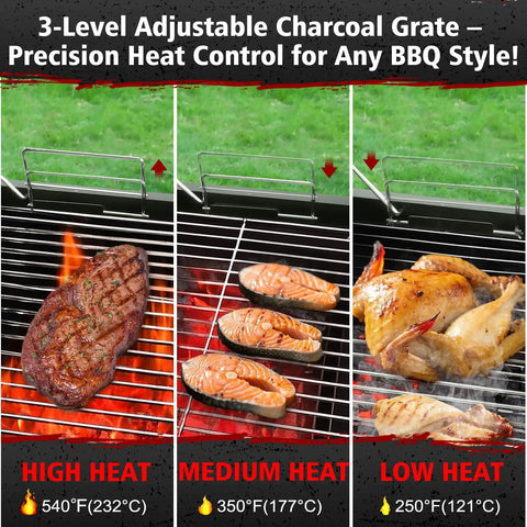 Barrel Charcoal Grill With Side Table showing high, medium, and low heat cooking with steak, salmon, and chicken