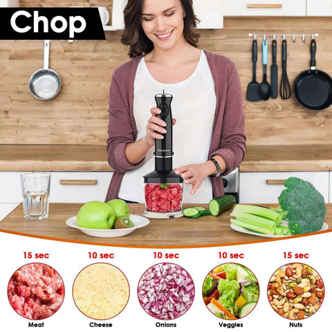 Woman using Heavy Duty Immersion Blender Set 500W Super Quiet Handheld Mixer With 12 Speed Settings BPA Free to chop meat.