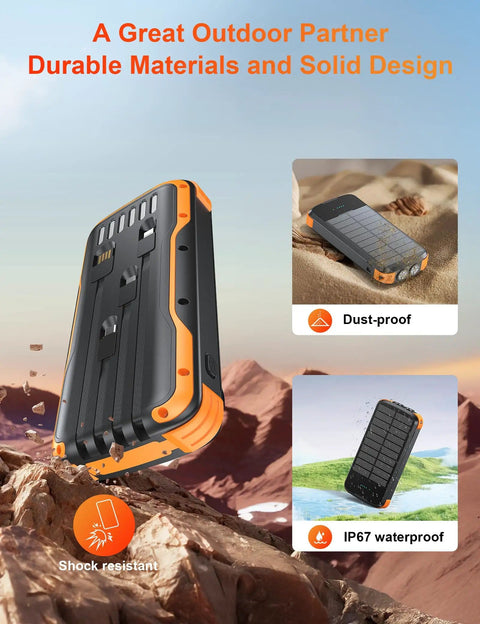 Solar Charger Power Bank 40000mAh With PD 20W Fast Charging Built In 4 Cables Dual Bright Flashlights IP67 Waterproof Outdoor Phone Charger For Camping Hiking And All Day Adventures, displayed outdoors with dust-proof and IP67 waterproof features