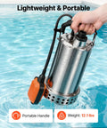 Hardcore Submersible Sump Pump With Smart Auto Float Switch One Horsepower Motor Blasts 4400 Gallons Per Hour To Kick Stubborn Basement Water Clean Out The Drain Today IPX8 Waterproof Crawl Space Powerhouse in water with portable handle.