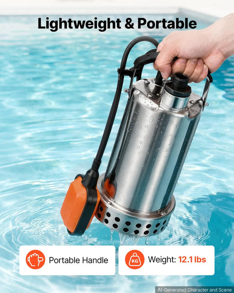 Hardcore Submersible Sump Pump With Smart Auto Float Switch One Horsepower Motor Blasts 4400 Gallons Per Hour To Kick Stubborn Basement Water Clean Out The Drain Today IPX8 Waterproof Crawl Space Powerhouse in water with portable handle.