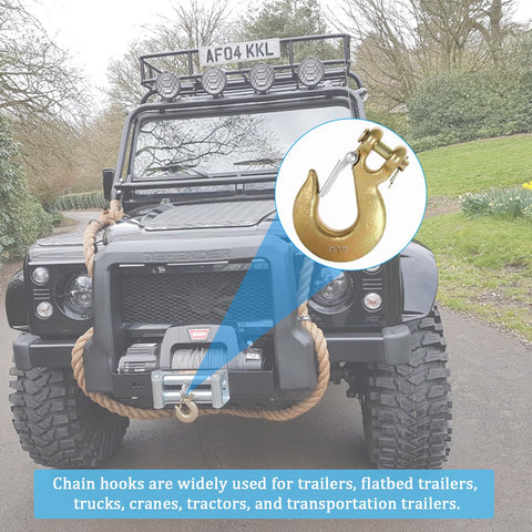Two Pack Heavy Duty Clevis Hooks Three Eighths Inch Forged Steel With Safety Latch G70 Rated 18000 Lbs Capacity, shown with vehicle