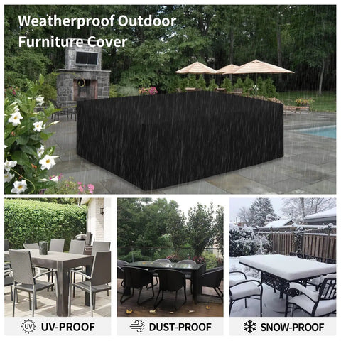 Image showing Heavy Duty 600D All Weather Patio Furniture Cover for Rectangular Tables and Chair Sets, Waterproof Outdoor Cover installed.