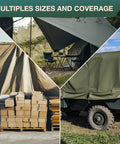 Waterproof Waxed Canvas Tarp Cover Heavy Duty Duck Cloth With Rustproof Brass Grommets For Camping Construction And Outdoor Use 10x12 Feet Cut Size Finished 9 Foot 6 Inch By 11 Foot 6 Inch Grey shown covering various objects in outdoor settings.