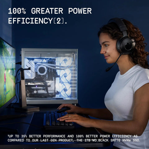 Person using a desktop PC for gaming next to "100% Greater Power Efficiency" text. SN7100 1TB NVMe SSD Gen4 PCIe M2 2280 Up To 7250 MBps Read Speed And 6900 MBps Write Speed For Laptops And Handheld Gaming Devices High Octane On The Go Storage.