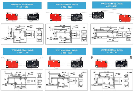 Diagram and images of SPDT Micro Limit Switch Snap Action 3 Pin For Electronics And Automation Gear 15A 250V DC V15 Series, 12 piece set.