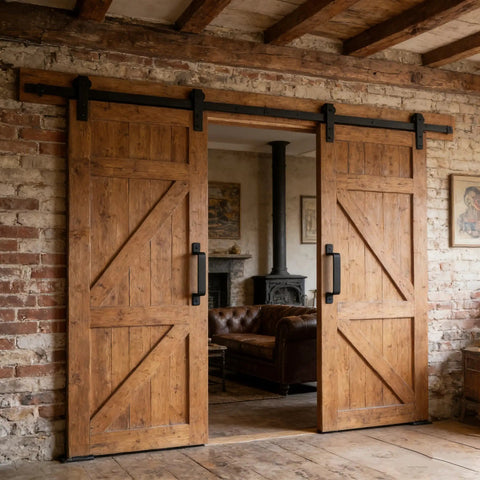 Rustic living room with dual sliding wooden doors showcasing heavy-duty black gate pull handles.