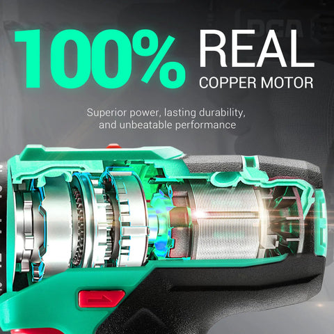 Close-up of 20V Cordless Hammer Drill Kit With 354 In Lb Torque Beast Power And Precision One Half Inch Keyless Chuck Two Speeds 22500 IPM Includes 14 Drill Driver Bits For Brick Metal Wood Perfect For DIY And Pros, showing internal copper motor components.