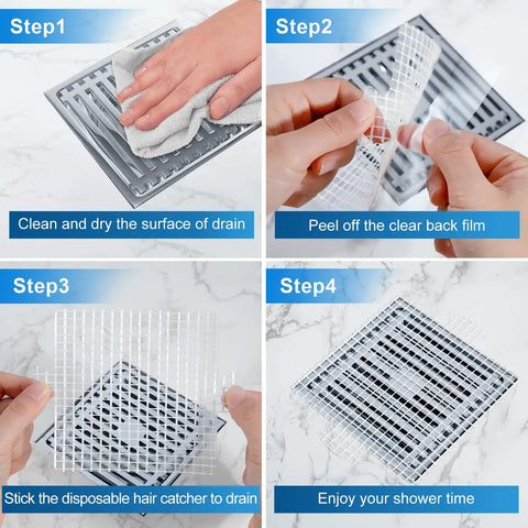 Installation guide for Disposable Shower Drain Hair Catcher Mesh Stickers 25 Pack Large 4.1 Inch Square Drain Covers