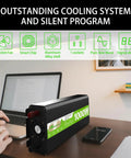 Pure Sine Wave Power Inverter 12V DC To 120V AC, 1000W Continuous, features, and cooling system on desk