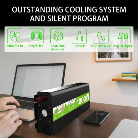 Pure Sine Wave Power Inverter 12V DC To 120V AC, 1000W Continuous, features, and cooling system on desk
