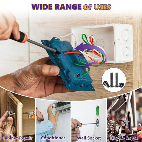 Person using a screwdriver to install M4 Pan Head Machine Screws Kit Black High Hardness Carbon Steel in electrical wiring.