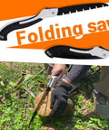 Person using folding saw from Hand Auger Drill For Survival Gear And Shelter Building, Folding Saw Included, Wooden Rocket Stove Making Kit.