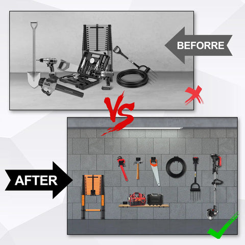 Before and after using Extra Large 14 Inch Garage Hooks Set for Wall Mount Storage, Heavy Duty Tool Hangers in a garage.
