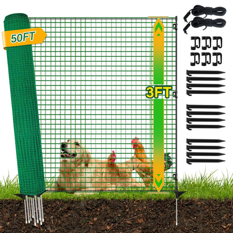 Heavy Duty 3x50 Ft Temporary Fence Kit For Backyard Pets And Poultry With 9 Fiberglass Posts, Windbreak Rope, Ground Pegs
