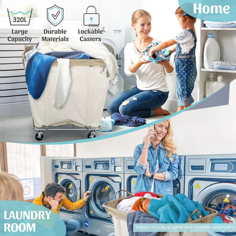 Super Heavy Duty Rolling Laundry Cart With All Terrain Wheels 320L Wheeled Hamper Basket Waterproof Reinforced Base Beige Big Load Wash Day Grind Monster