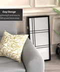 Compact 3 Ft Double Cross Shoji Room Divider in Black 5 Panels lightweight privacy screen folded beside a grey sofa