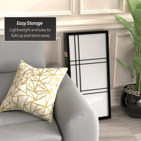 Compact 3 Ft Double Cross Shoji Room Divider in Black 5 Panels lightweight privacy screen folded beside a grey sofa