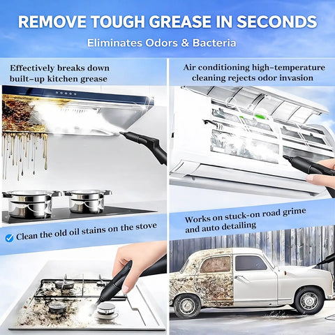 Professional Grade Industrial Steam Cleaner Machine High Pressure Hot Vapor Wand For Auto Detailing Carpet Sofa Kitchen Deep Cleaning Deodorizing 230 Degree Heat Sanitizer Unit cleaning tough kitchen grease and oil stains from surfaces.