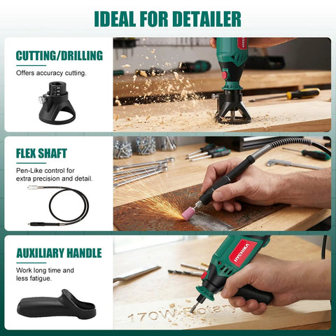 Six Speed Rotary Tool Kit With A 170W Motor, 173 Accessories, Four Attachments, And A Sturdy Case For DIY Crafting And Home Projects From Cutting And Sanding To Polishing, Drilling, And Engraving. Flex shaft and handle in use