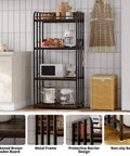 Knockout Four Tier Industrial Baker Rack With Adjustable Kitchen Storage Shelves For Microwaves And Pans Heavy Duty Pantry Organizer, featuring a metal frame and wooden shelves.