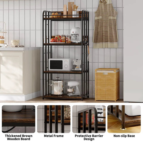 Knockout Four Tier Industrial Baker Rack With Adjustable Kitchen Storage Shelves For Microwaves And Pans Heavy Duty Pantry Organizer, featuring a metal frame and wooden shelves.