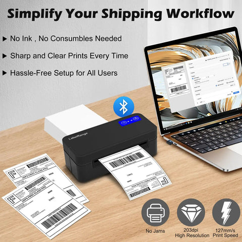 Bluetooth Thermal Label Printer For Mac Windows And Mobile Devices, Wireless 4x6 Shipping Label Printer For Packages showing setup with labels