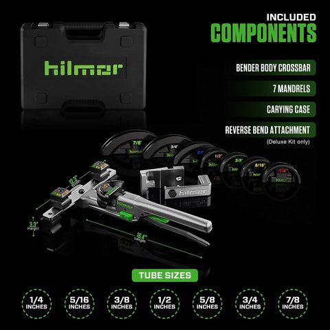 Compact Tube Bender Kit With Reverse Bending Attachment for 1/4 to 7/8 Inch Tubing and Pipe, black carrying case and components.
