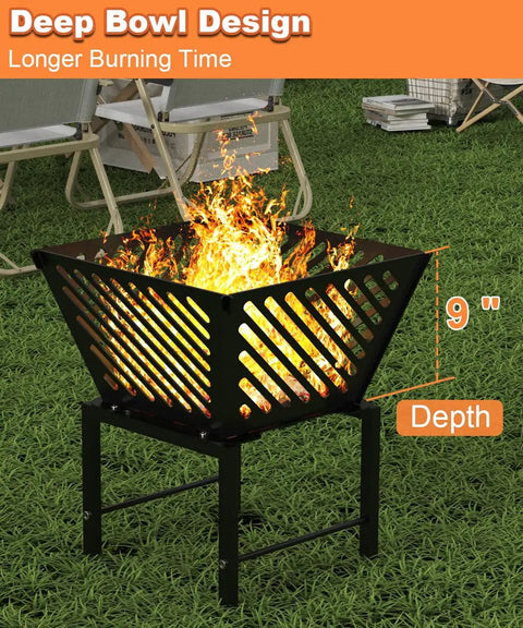 Portable 17 Inch Outdoor Fire Pit With Storage Bag For Camping, Patio, Picnic And Backyard BBQ, 360 Degree Airflow shown lit
