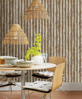Dining room with Rust Corrugated Metal Wallpaper With Dope Metallic Finish For Industrial Chic Homes, Washable And Strippable Nonwoven Surface.