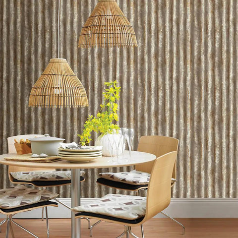 Dining room with Rust Corrugated Metal Wallpaper With Dope Metallic Finish For Industrial Chic Homes, Washable And Strippable Nonwoven Surface.