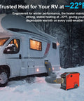 Heavy Duty 3 Inch By 6 Ft Flexible Nylon Heater Vent Hose connecting RV and heater in snowy landscape, -22°F conditions