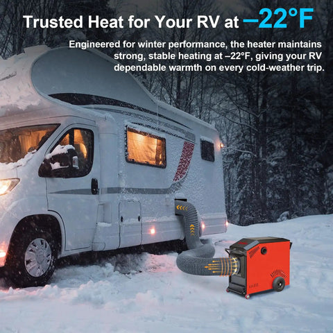 Heavy Duty 3 Inch By 6 Ft Flexible Nylon Heater Vent Hose connecting RV and heater in snowy landscape, -22°F conditions