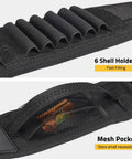 Close-up of black Two Point Shotgun Sling With 6 Shell Holders For 20 Gauge, featuring mesh pocket and shell slots.