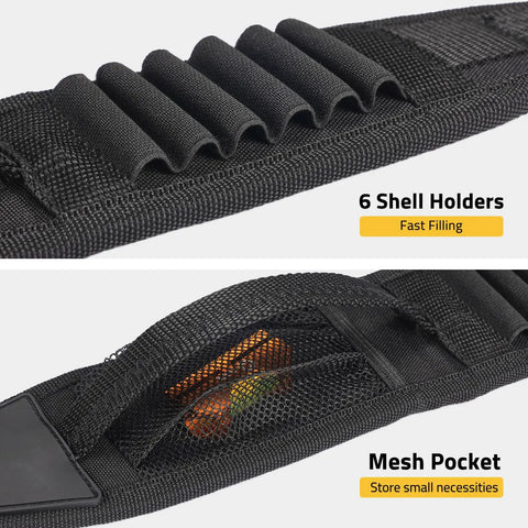 Close-up of black Two Point Shotgun Sling With 6 Shell Holders For 20 Gauge, featuring mesh pocket and shell slots.