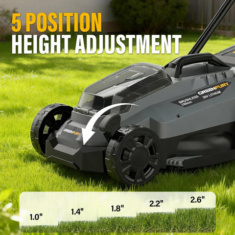 Cordless Lawn Mower Compatible With 20V Max Batteries Tool Only No Gas Easy Start Quiet Yard Work Lightweight And Maneuverable Requires 4.0Ah Or Higher Battery For Safe Peak Performance Fits 20V Max Battery Systems, 5-height adjustment shown