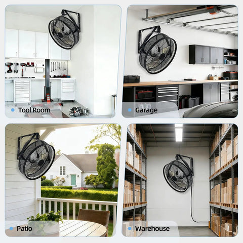 20-Inch Wall Mounted Fan With Lights, 360 Degree Tilt in garage, workshop, patio, and warehouse settings