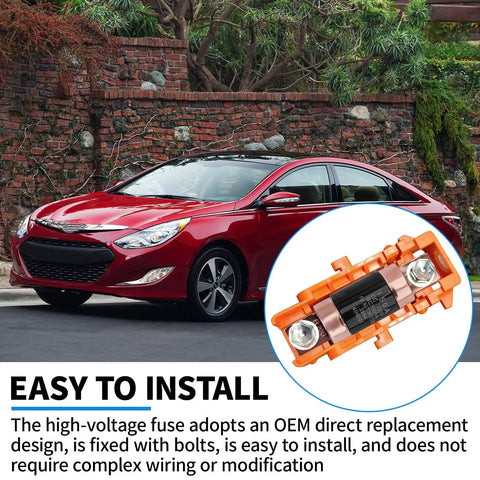 Top Shelf 150 Amp High Voltage Fuse Direct Replacement Plug And Play Straight Swap Compatible With Hyundai Sonata Hybrid 2011 To 2015 Kia Optima Smooth Ride installed on a red car.
