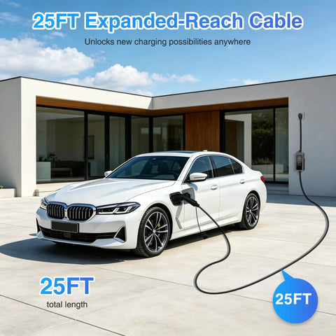 Reliable Level 2 EV Charger 40 Amp 9.6 KW Featuring Bright LED Panel And J1772 Plug. 25FT cable charging electric vehicle.