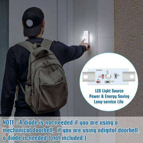 Lighted Doorbell Button White LED Go-To Replacement For Low Voltage Wired Doorbell Chimes And Transformers Universal Compatibility For Chimes, Ring Boxes, Push Buttons, Garage Doors And Home Entry Bells No-Fuss Install mounted by a person