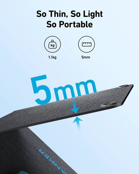 Solix PS30 Foldable 30W Solar Panel Charger showing 5mm thickness and 1.1kg weight for camping and outdoors.