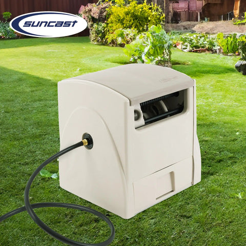Automatic Rewind Garden Hose Reel With 100 Feet Five Eighths Inch Vinyl Hose, Foot Pedal Auto Retract, Smart Trak Guide, taupe finish.