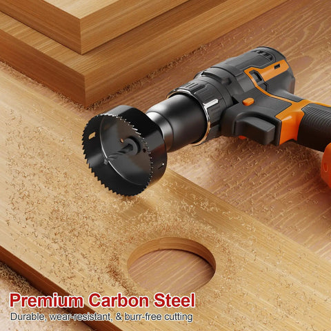 Pro Grade 19-Piece Hole Saw Set With Sizes From 3/4 Inch To 6 Inch Carbon Steel Blades in use on wood