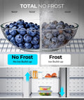Heavy Duty Three Door Commercial Refrigerator Seventy Two Cubic Feet Stainless Steel Reach In Upright Fridge showing no frost blueberries and shelves.