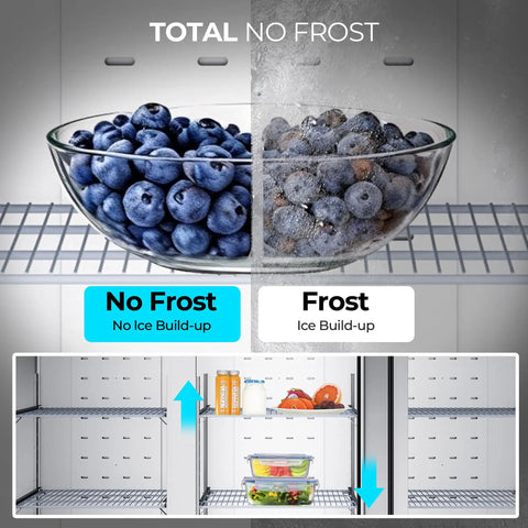 Heavy Duty Three Door Commercial Refrigerator Seventy Two Cubic Feet Stainless Steel Reach In Upright Fridge showing no frost blueberries and shelves.
