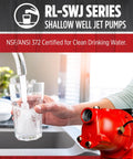 Shallow Well Jet Pump, Half Horsepower, Cast Iron, 12.6 GPM, Dual Voltage 115 or 230 Volts, faucet pouring water