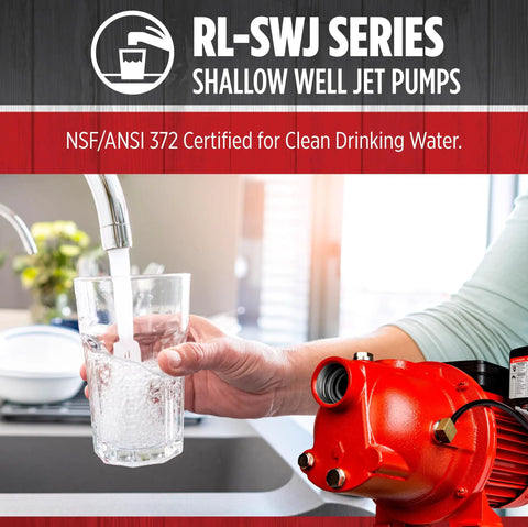Shallow Well Jet Pump, Half Horsepower, Cast Iron, 12.6 GPM, Dual Voltage 115 or 230 Volts, faucet pouring water