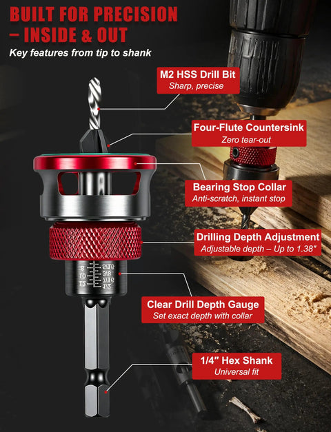 Close-up of Heavy Duty Countersink Drill Bit Set With Adjustable Depth Stop Collar for Swift Wood and Metal Jobs showcasing features.